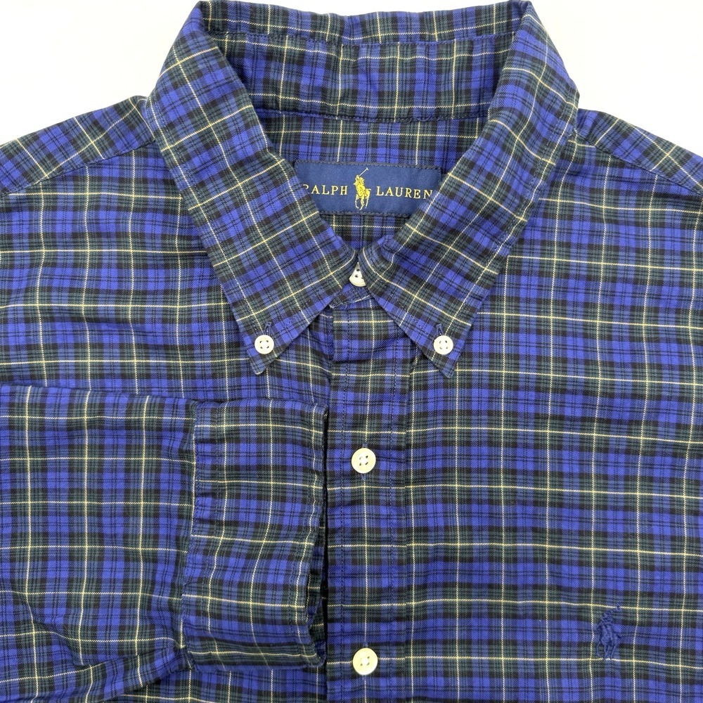 Ralph Lauren Button Down Men Large Blue Green Plaid Cotton Long Sleeve Pony Logo